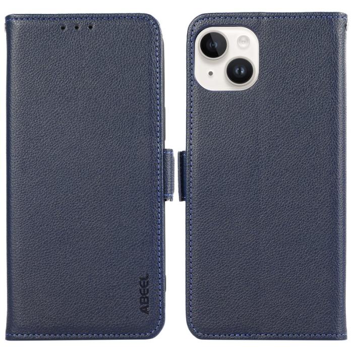 ABEEL - ABEEL iPhone 14 Plus Plånboksfodral Konstläder Litchi Textur Blå