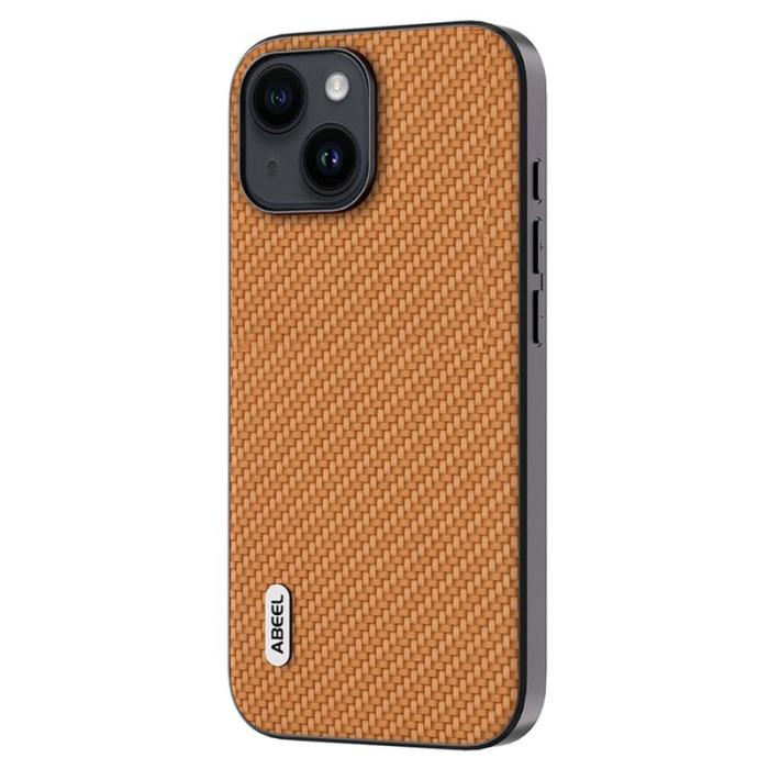 ABEEL - ABEEL Mobilskal till iPhone 14 Plus Carbon Fiber Läder - Ljusbrun