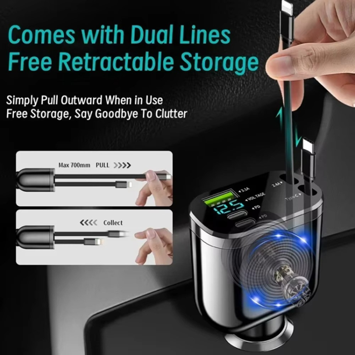 A-One Brand - 5in1 Billaddare USB-A/2x USB-C Indragbar USB-C/Lightning Kabel