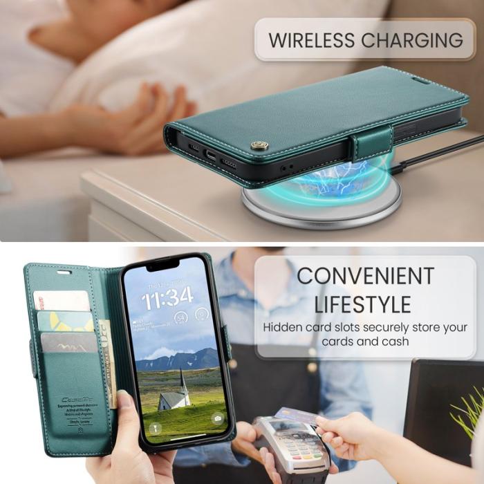 Caseme - CASEME Plånboksfodral Konstläder för iPhone 16e RFID-Skydd Grön