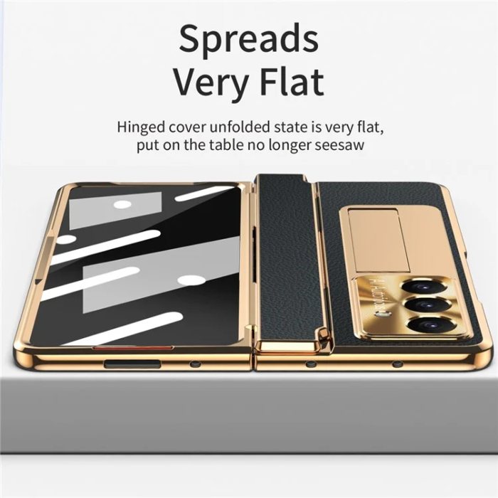 A-One Brand - Galaxy Z Fold7 5G Mobilskal läder + PC Kickstand - Guld+Svart