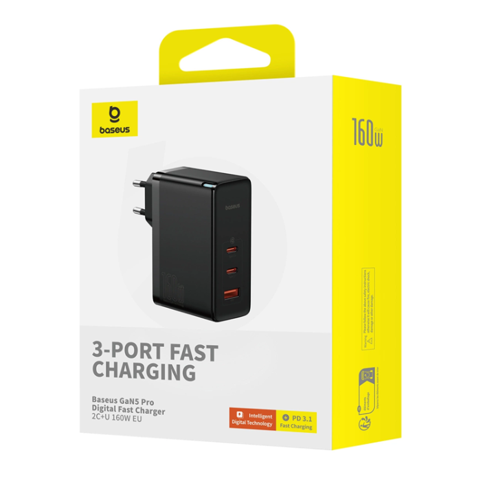 BASEUS - Baseus GaN5 Pro Väggladdare 160W 2x USB-C/USB-A + USB-C Kabel