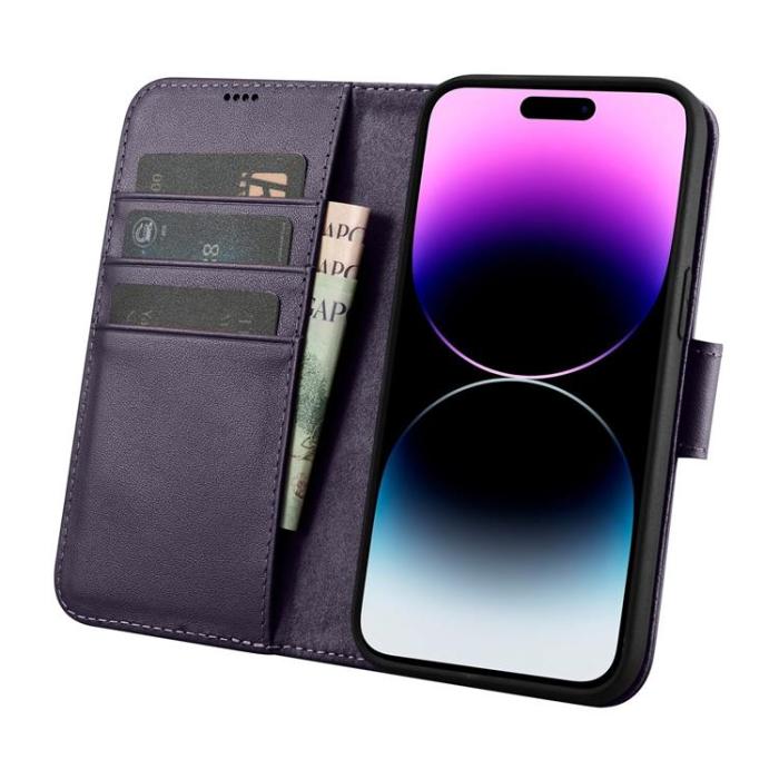 ICARER - iCarer iPhone 14 Pro Max Plånboksfodral 2in1 Anti-RFID Äkta Läder - Mörklila