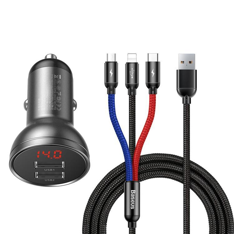 Baseus Billaddare 24W 3in1 microUSB-C Lightning Kabel 1.2m - Svart | 505295 | AlltMobil