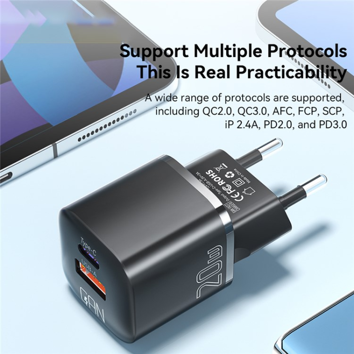 ESSAGER - ESSAGER GaN Snabbladdare 20W USB-A - USB-C EU Curved - Svart