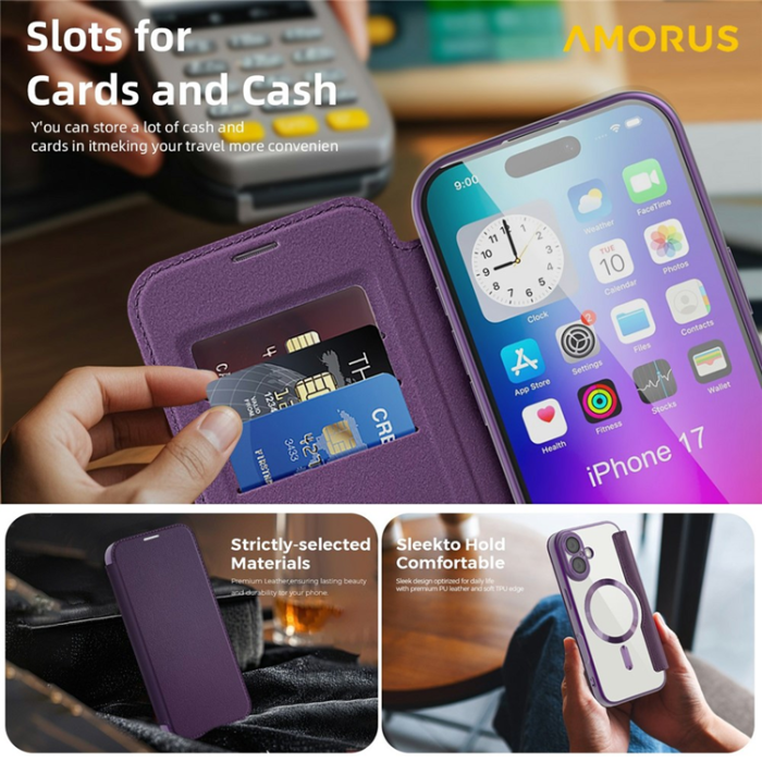 Amorus - AMORUS iPhone 17 Plånboksfodral MagSafe RFID Blocking - Lila