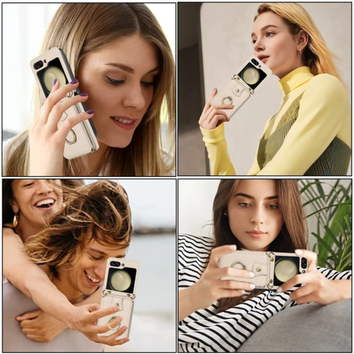 A-One Brand - Galaxy Z Flip7 Plånboksfodral Ring Kickstand med Lång rem - Beige