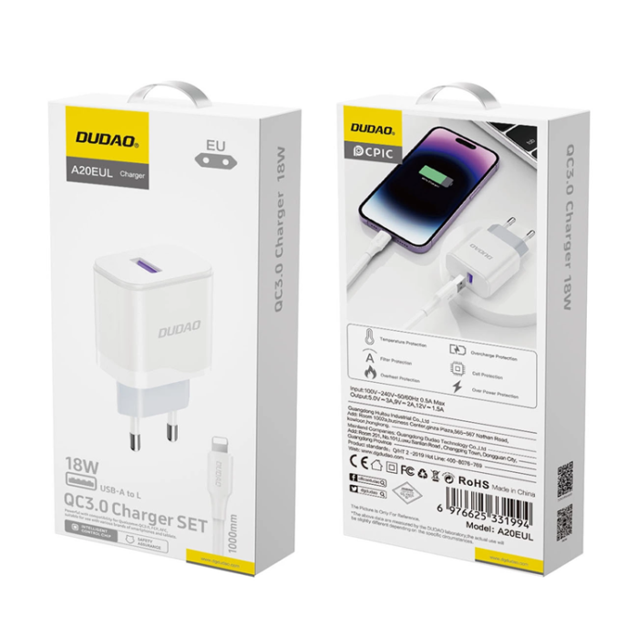 Dudao - Dudao Väggladdare A20EU 18W + Lightning Kabel - Vit
