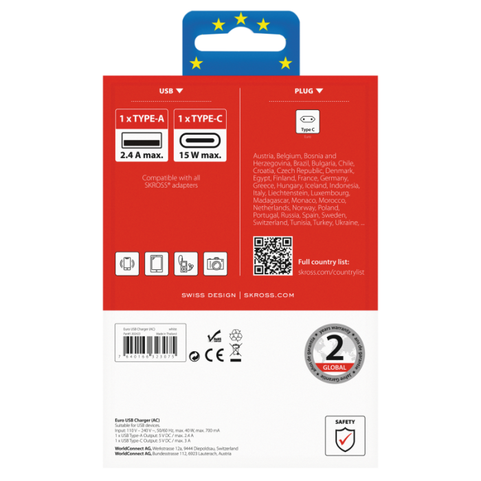 UTGATT1 - SKross Euro USB - 1xUSB Type C/1xUSB Type A Laddare