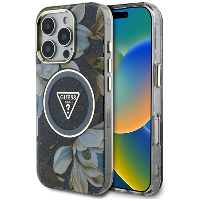 Guess - Guess iPhone 16 Pro Max Mobilskal Magsafe Glitter Flowers - Svart