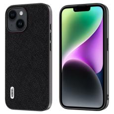 ABEEL - ABEEL Mobilskal till iPhone 14 Plus Cross Texture &Auml;kta L&auml;der PC Svart