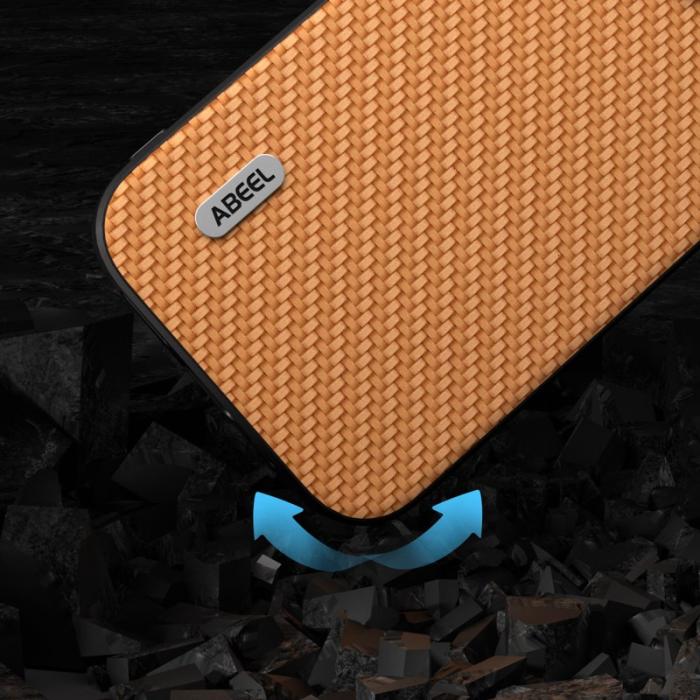 ABEEL - ABEEL Mobilskal till iPhone 14 Plus Carbon Fiber Läder - Ljusbrun