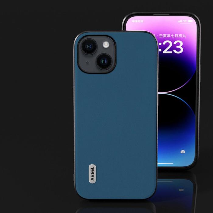 ABEEL - ABEEL Mobilskal till iPhone 14 Plus Chockskydd Äkta Läder Blå
