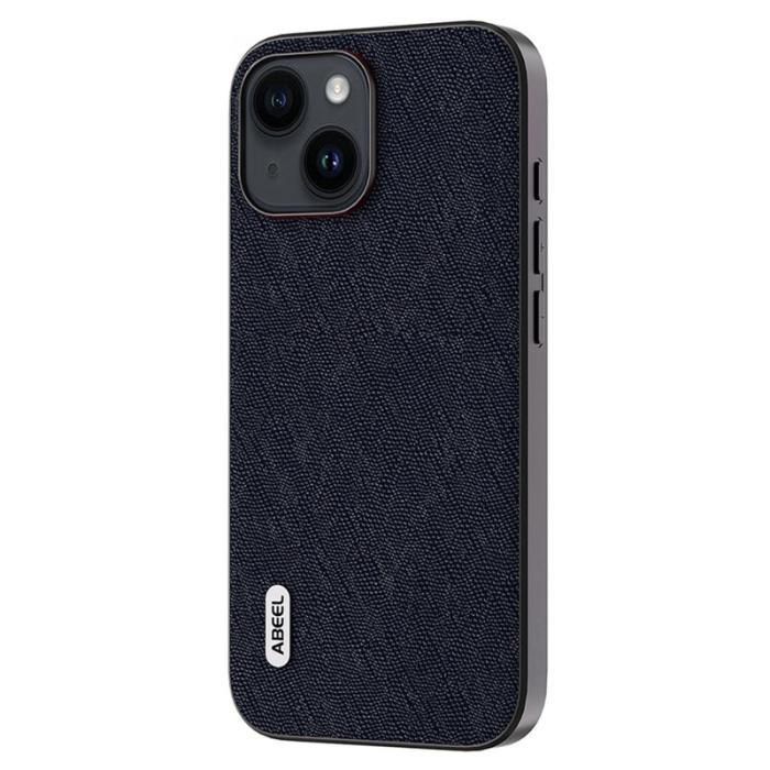 ABEEL - ABEEL Mobilskal till iPhone 14 Plus Cross Texture Blå Äkta Läder Leather