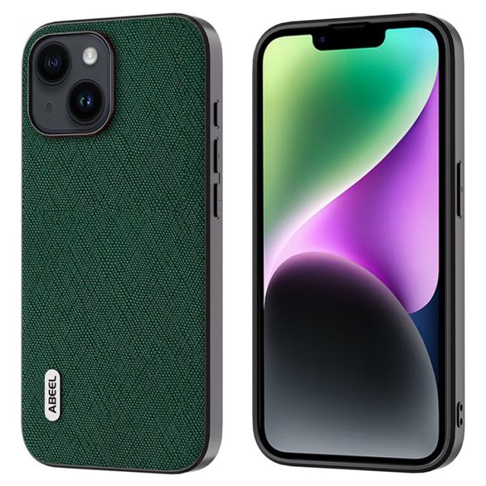 ABEEL - ABEEL Mobilskal till iPhone 14 Plus Cross Texture Grön Äkta Läder Leather