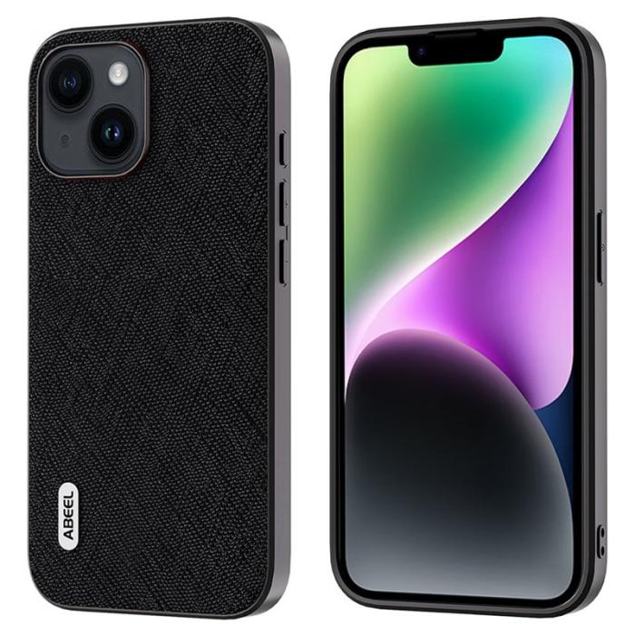 ABEEL - ABEEL Mobilskal till iPhone 14 Plus Cross Texture Äkta Läder PC Svart