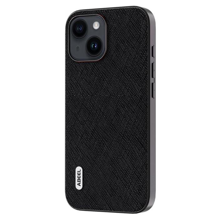 ABEEL - ABEEL Mobilskal till iPhone 14 Plus Cross Texture Äkta Läder PC Svart