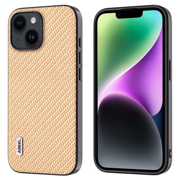 ABEEL - ABEEL Mobilskal till iPhone 14 Plus i Kolfiber PU Läder Beige