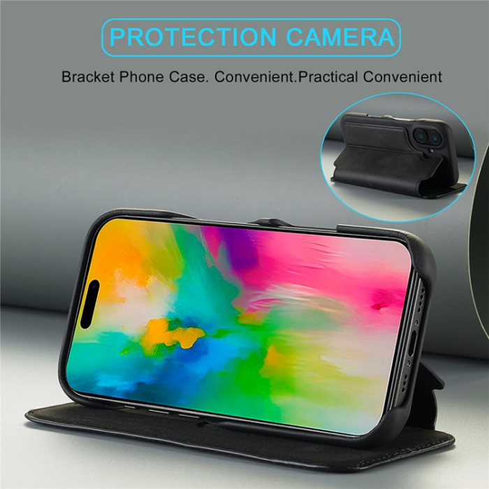 LC.imeeke - LC.IMEEKE iPhone 17 Mobilfodral Korthållare Läder Stativ - Svart