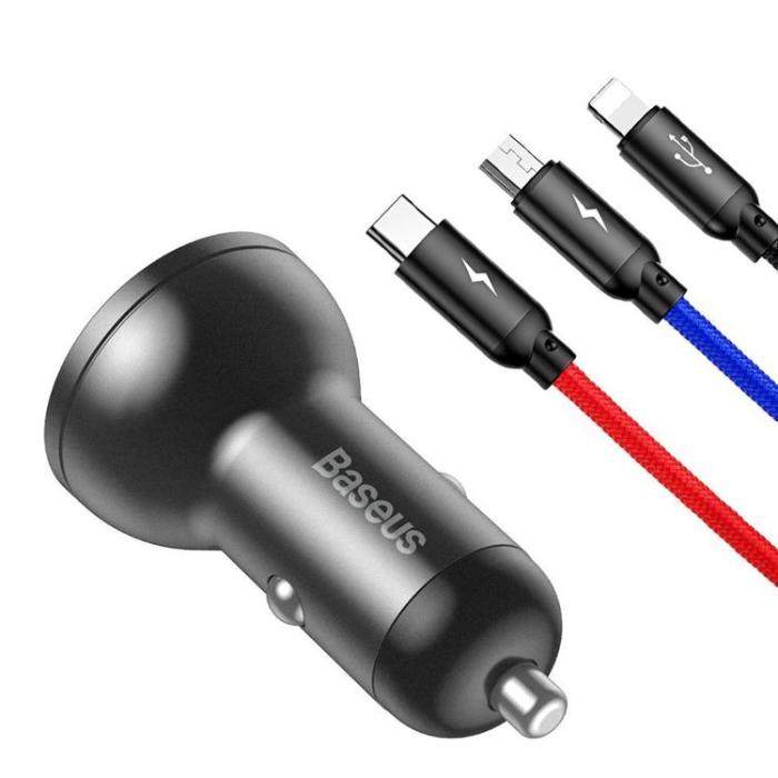 BASEUS - Baseus Billaddare 24W 3in1 microUSB-C Lightning Kabel 1.2m - Svart