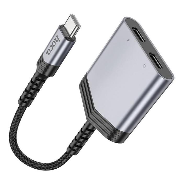 Hoco - HOCO 2in1 USB-C Till 2x USB-C 27W AUX Adapter LS40 - Grå