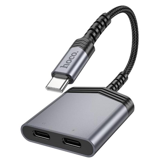 Hoco - HOCO 2in1 USB-C Till 2x USB-C 27W AUX Adapter LS40 - Grå