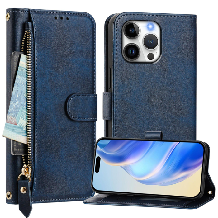A-One Brand - iPhone 16 Pro Max Plånboksfodral Zipper Pocket Läder - Blå