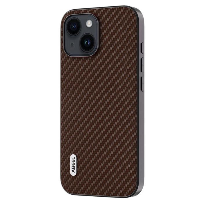 ABEEL - ABEEL Mobilskal till iPhone 14 Plus i Kolfiber PU Läder - Brun