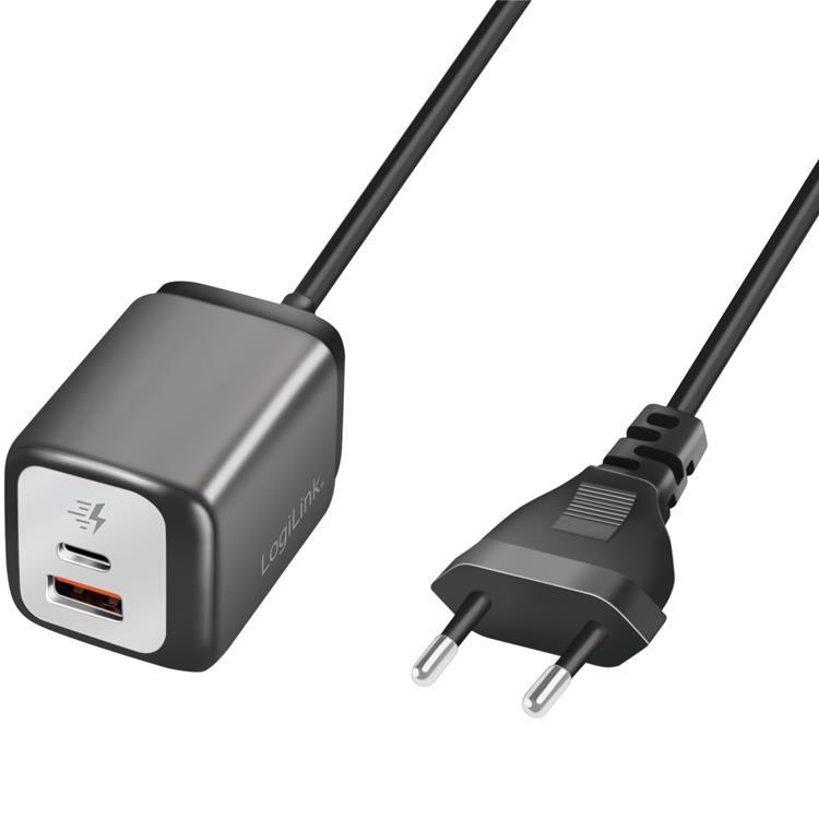 Logilink Väggladdare 1xUSB-A + 1xUSB-C med fast kabel 1.5m GaN 30W | 505295 | AlltMobil