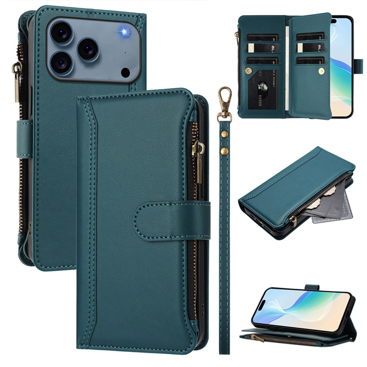 iPhone 17 Pro Plånboksfodral Zipper Med Rem - Mörkgrön | 2353 | AlltMobil