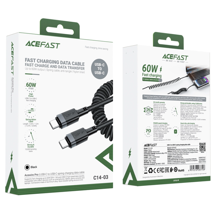 Acefast - Acefast USB-C - USB-C 3A Kabel 1.2m Spring 480Mb/s - Svart