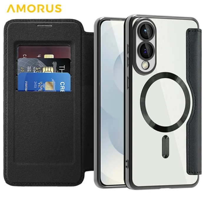 Amorus - Amorus Galaxy S25 Edge Plånboksfodral Magsafe RFID - Svart
