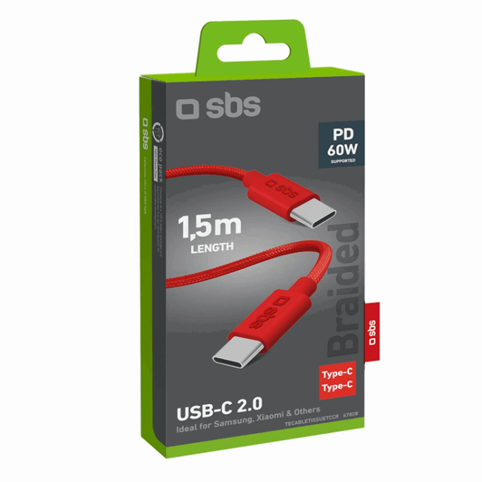 SBS - SBS USB-C - USB-C Kabel 1.5m 60W Braided - Röd