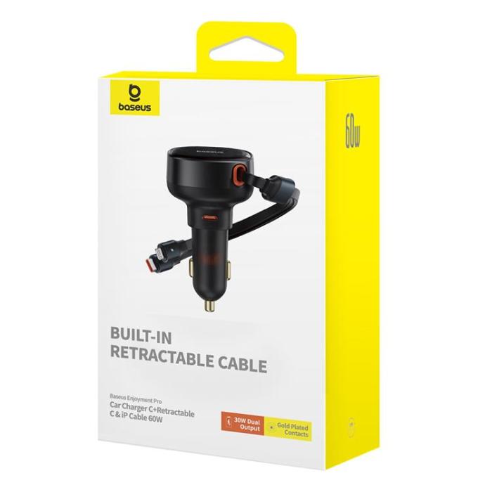 BASEUS - Baseus Enjoyment USB-C Billaddare med USB-C/Lightning 60W kabel - Svart