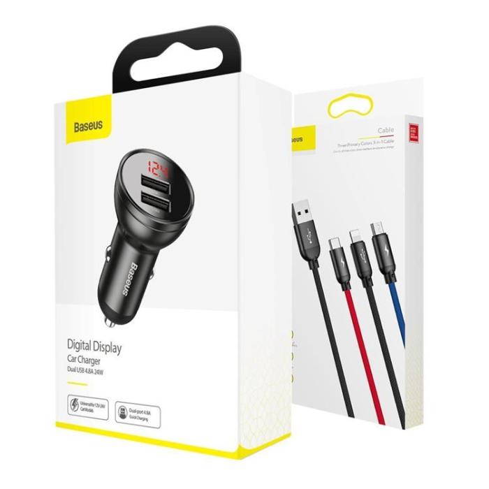 BASEUS - Baseus Billaddare 24W 3in1 microUSB-C Lightning Kabel 1.2m - Svart