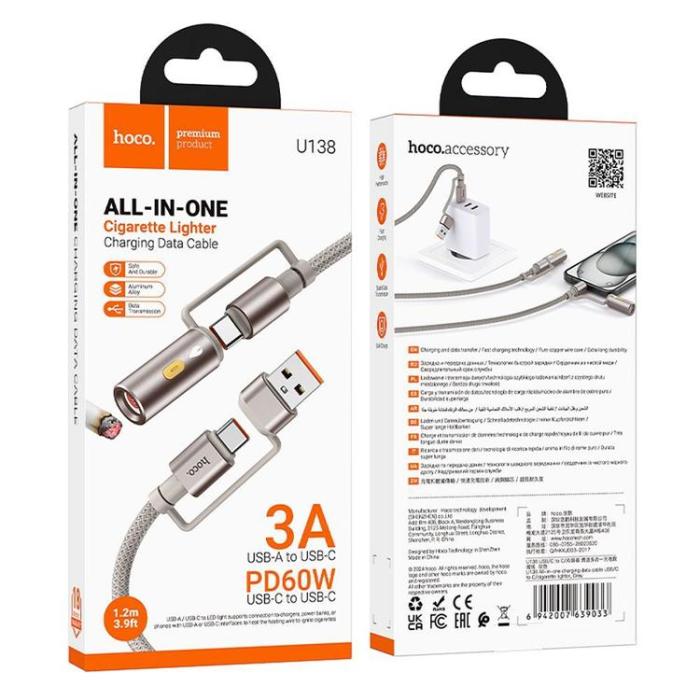 Hoco - Hoco USB-A/USB-C Till USB-C, Cigarettändare 60W 3A Kabel 1.2m U138 - Grå