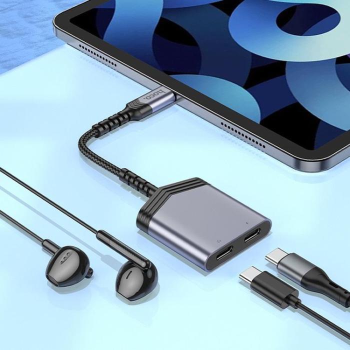 Hoco - HOCO 2in1 USB-C Till 2x USB-C 27W AUX Adapter LS40 - Grå