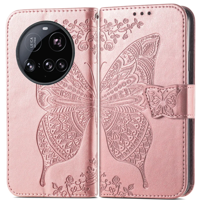 A-One Brand - Xiaomi 15 Ultra Plånboksfodral Butterfly Pattern - Rosa Guld