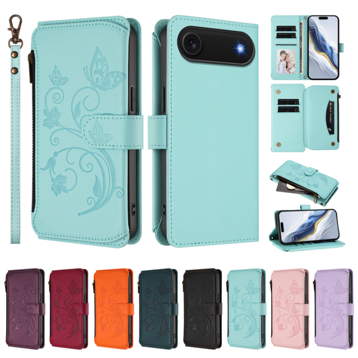 A-One Brand - iPhone 17 Air Plånboksfodral Butterfly Floral Imprint - Mintgrön