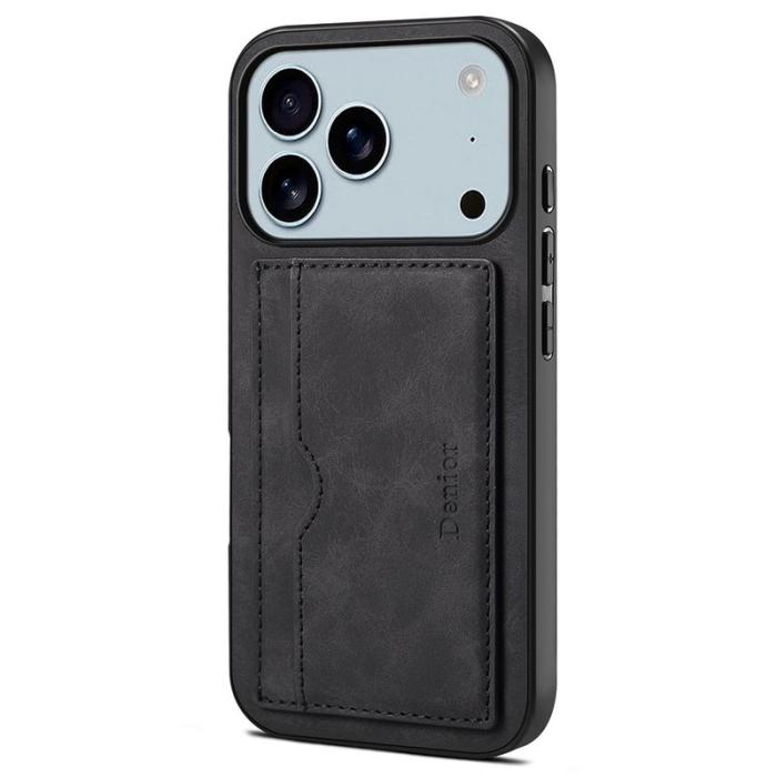 DENIOR - DENIOR iPhone 17 Pro Fodral Kortfack Ställ i Konstläder - Svart