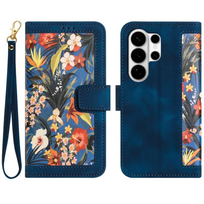 OEM - ABEEL Mobilskal till Samsung Galaxy S26 Ultra Konstläder Blommönster - Blå