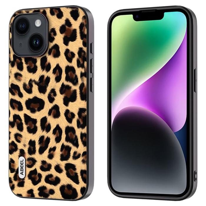 ABEEL - ABEEL Mobilskal till iPhone 14 Plus PU Läder Leopard Textur Champagne Guld
