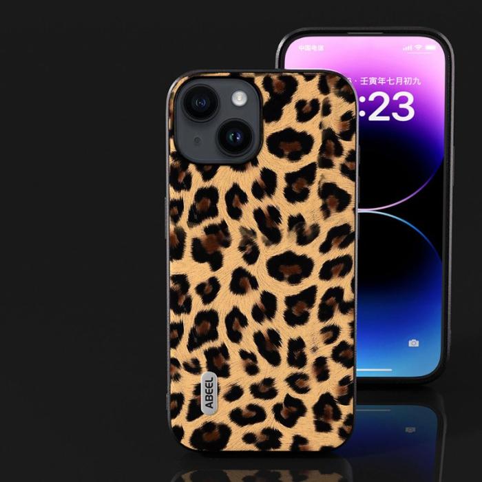 ABEEL - ABEEL Mobilskal till iPhone 14 Plus PU Läder Leopard Textur Champagne Guld