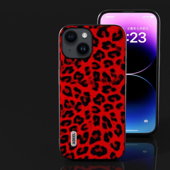 ABEEL - ABEEL Mobilskal till iPhone 14 Plus PU Läder Leopard Textur Röd