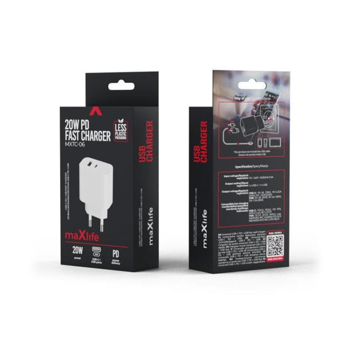 Maxlife - Maxlife Väggladdare 1x USB-C 1x USB 20W MXTC-06 - Vit