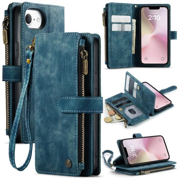 Caseme - CASEME Konstläder Plånboksfodral för iPhone 16e med Rem och Kortfack - Blå