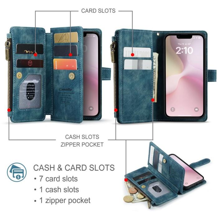 Caseme - CASEME Konstläder Plånboksfodral för iPhone 16e med Rem och Kortfack - Blå