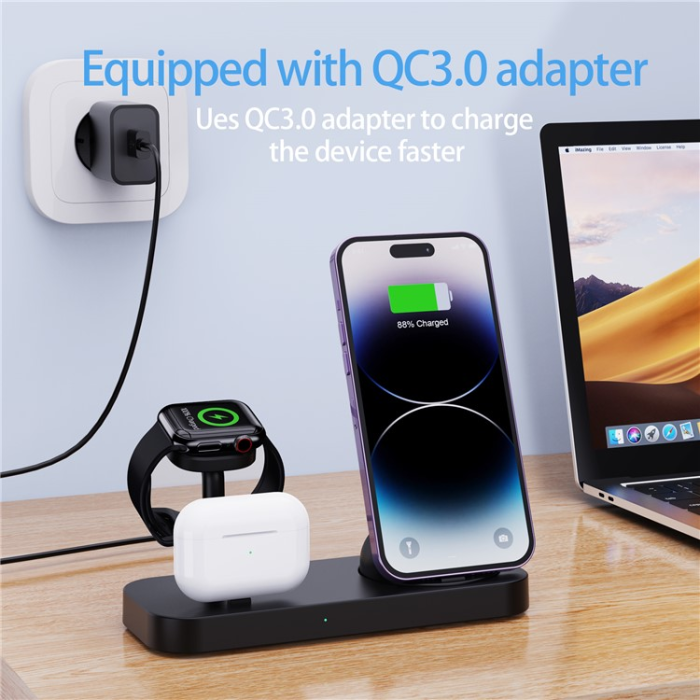 OEM - 3in1 Trådlös Laddare iPhone, Apple Watch, Airpods B25 - Svart