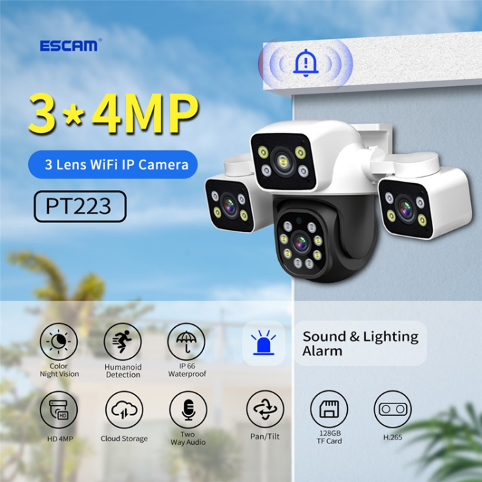 ESCAM - ESCAM WiFi-Säkerhetskamera 3 x 4MP Objektiv Rörelsedetekteringslarm - EU-kontakt