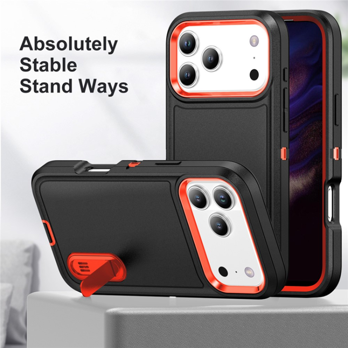 A-One Brand - iPhone 17 Pro Max Mobilskal Kickstand Silikon - Svart/Orange